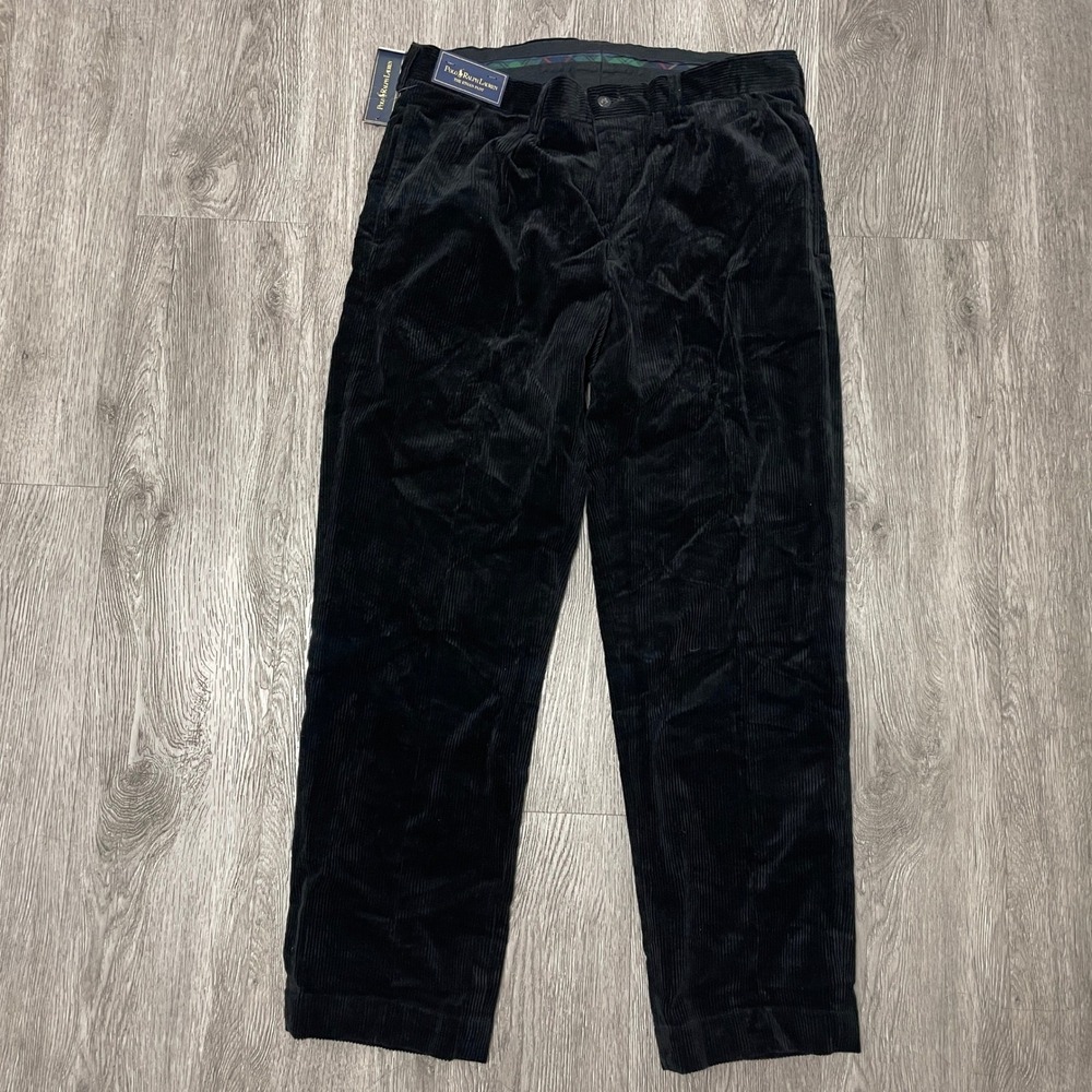 Polo Ralph Lauren Ethan Pant Mens 34x30 Black Corduroy Pleated Trousers NWT